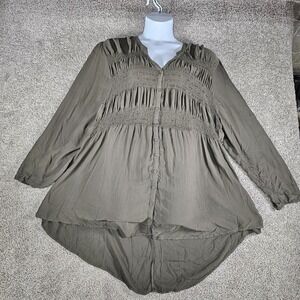 Torrid Babydoll Top Women 6 Military Green Smocked Button Ruched Flowy Lagenlook